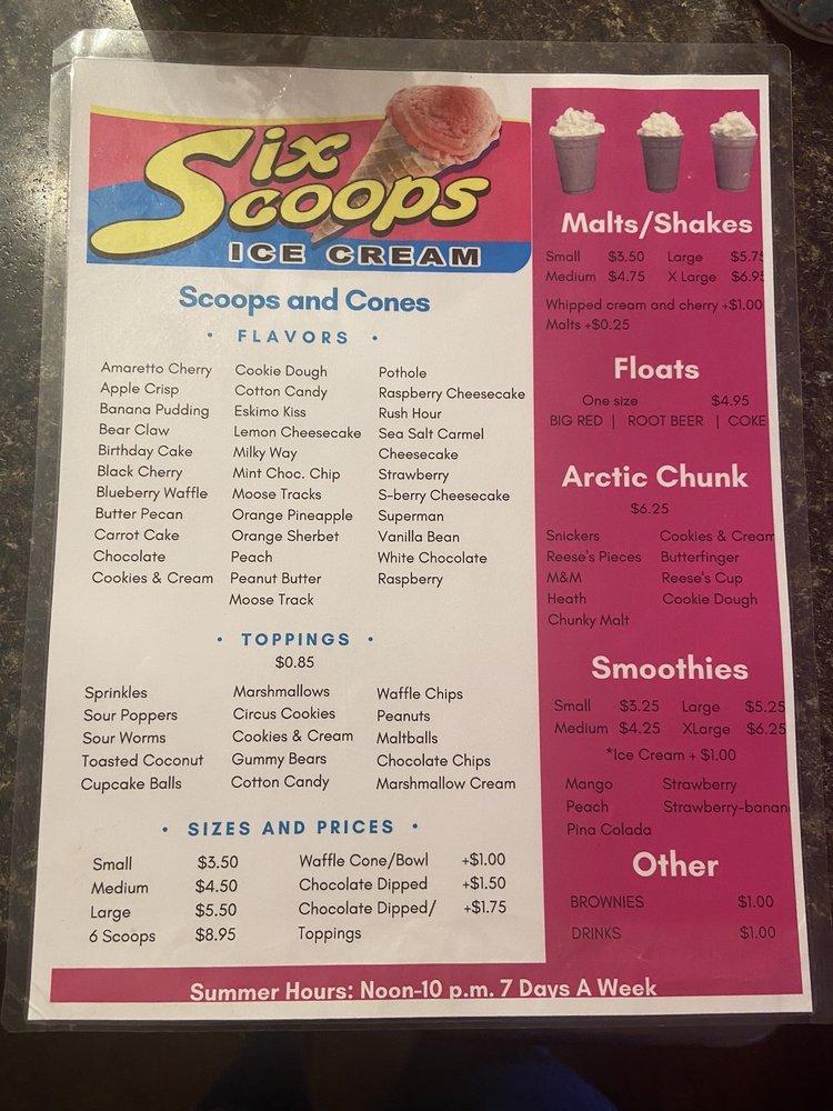 Menu at Six Scoops Ice Cream restaurant, Salem
