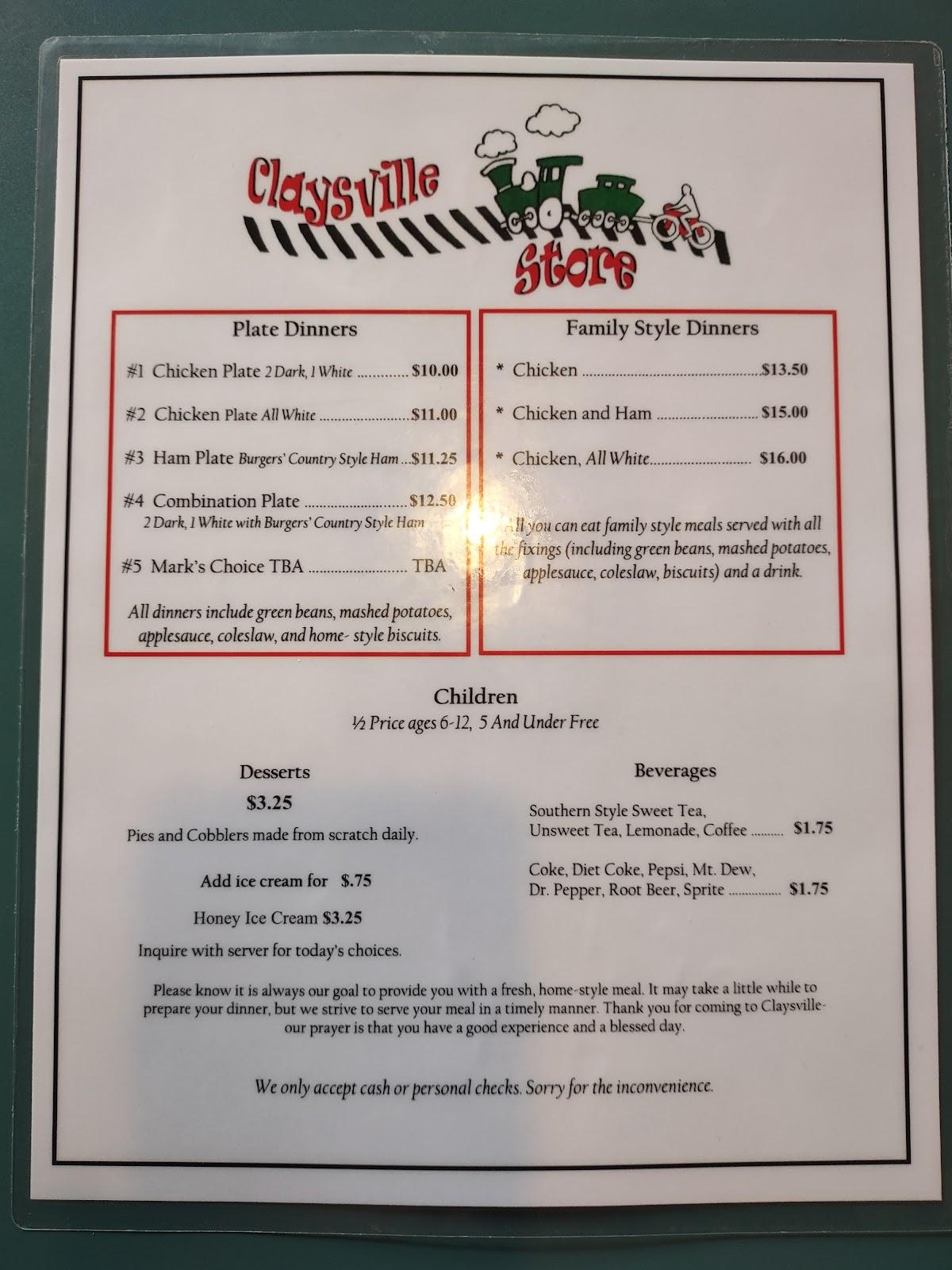 Menu at Claysville Store restaurant, USA