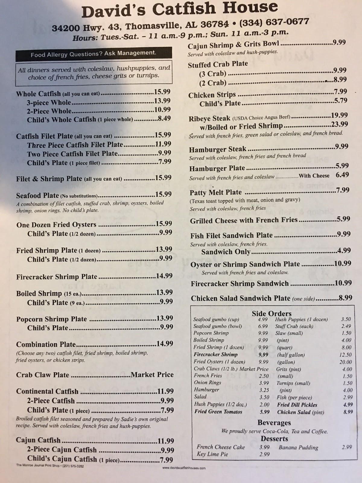 Menu at David's Catfish House restaurant, Thomasville