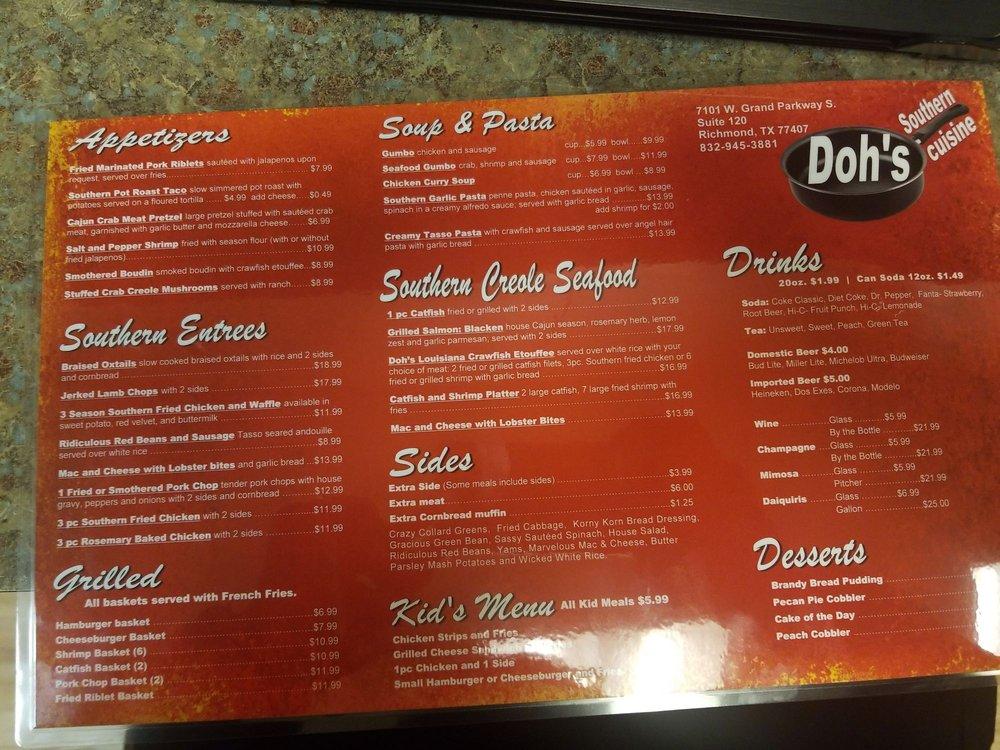 Menu at Doh's Southern Cuisine restaurant, Mission Bend