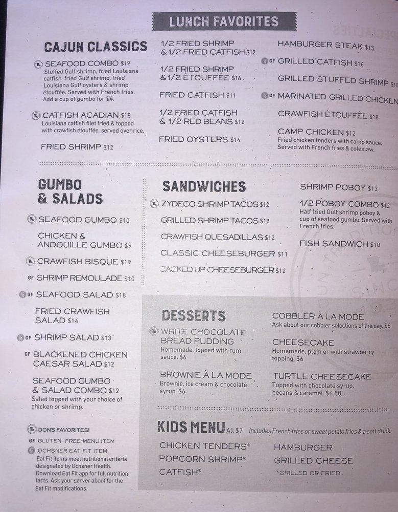 Menu at Don’s Seafood Metairie restaurant, Metairie
