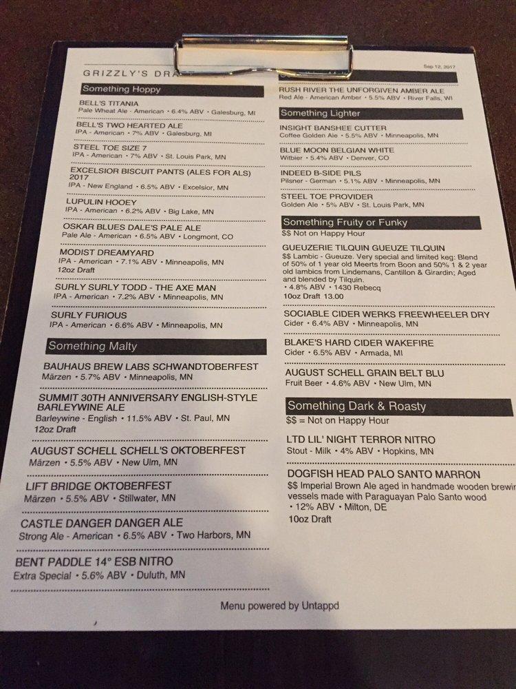Menu at Grizzly's WoodFired Grill restaurant, Plymouth