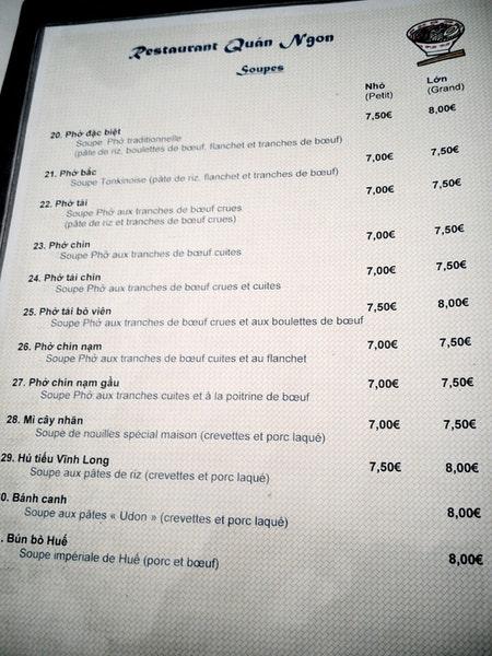 Menu at Quan Ngon restaurant, Paris, 63 Rue du Javelot