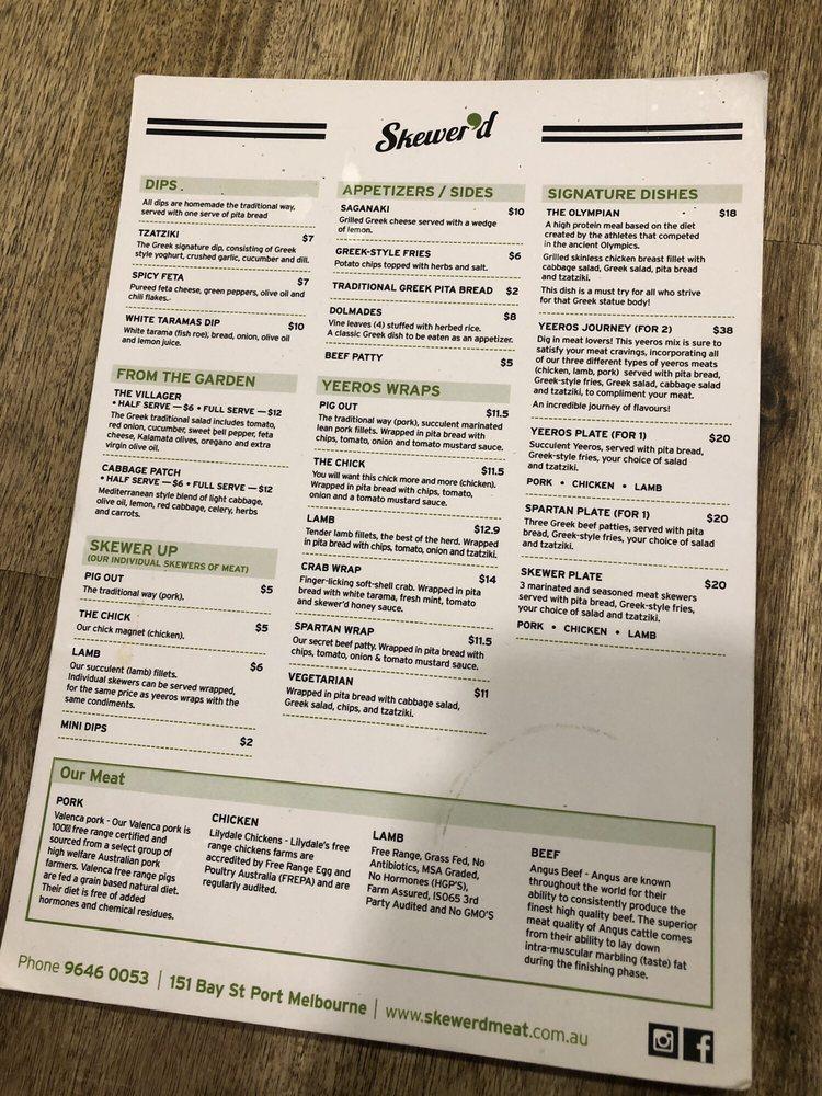Menu at Skewer'd restaurant, Port Melbourne