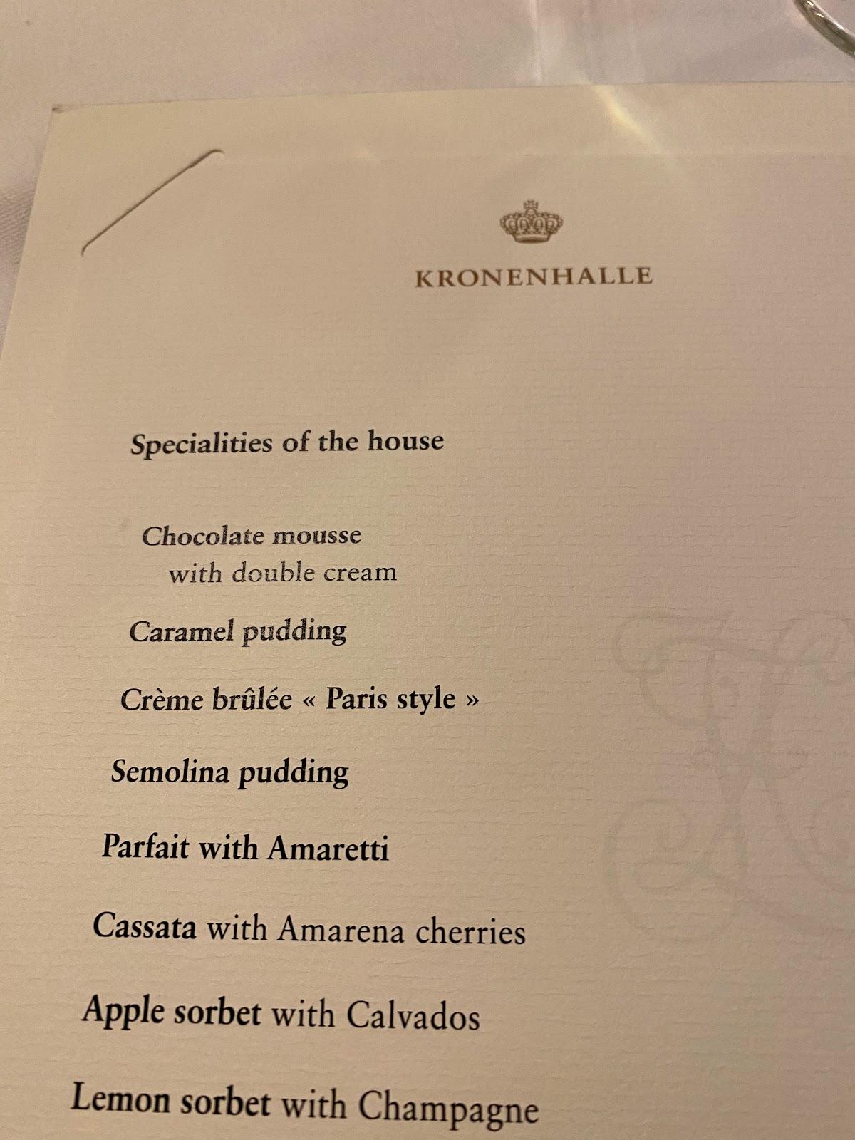 Menu da Kronenhalle, Zurigo, Rämistrasse 4