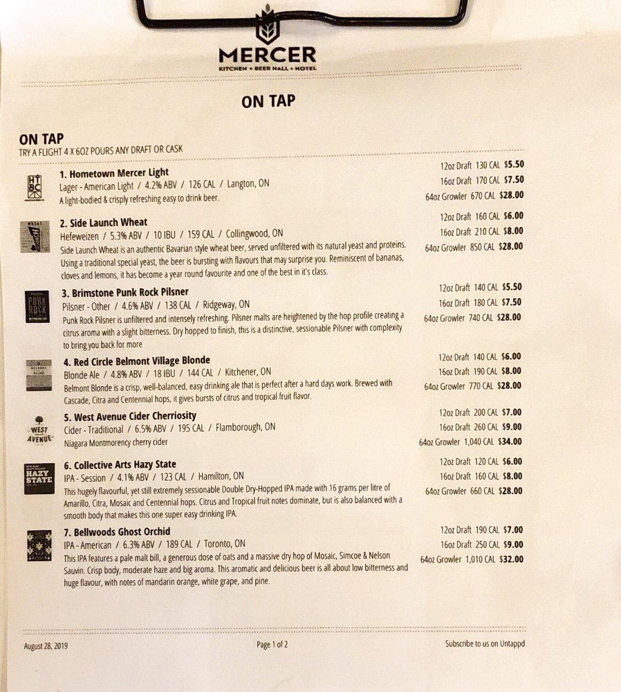 Menu at Mercer Kitchen Beer Hall pub & bar, Stratford