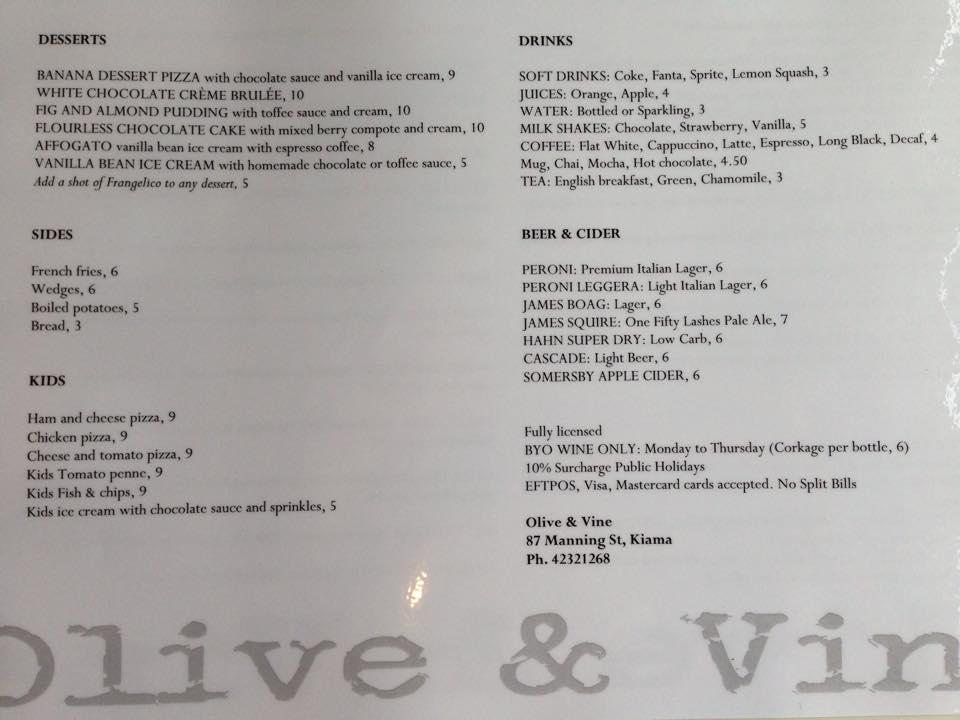 Menu at Olive & Vine pizzeria, Kiama