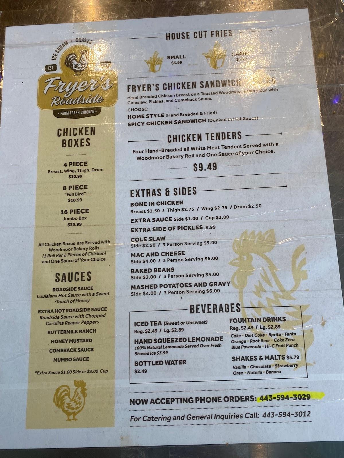 Menu at Fryers Roadside restaurant, Silver Spring