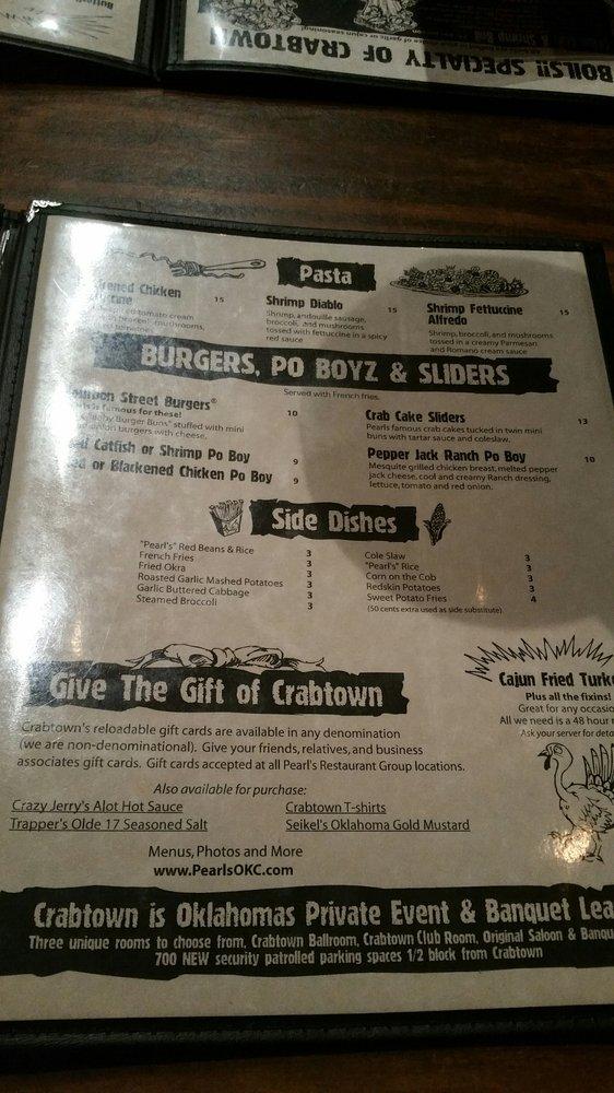 Menu at Pearl's Crabtown restaurant, Oklahoma City
