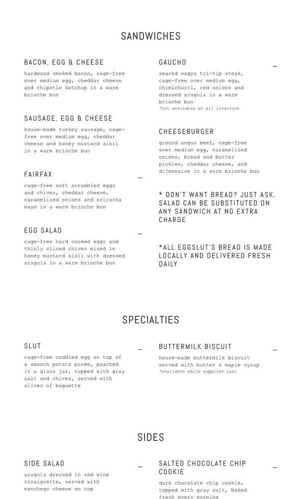 Menu at Eggslut restaurant, Los Angeles, 317 S Broadway