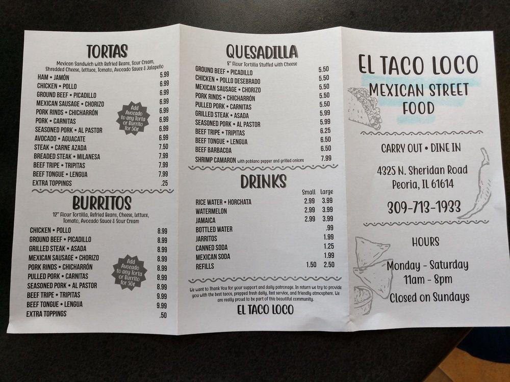 Menu at El Taco Loco restaurant, Peoria