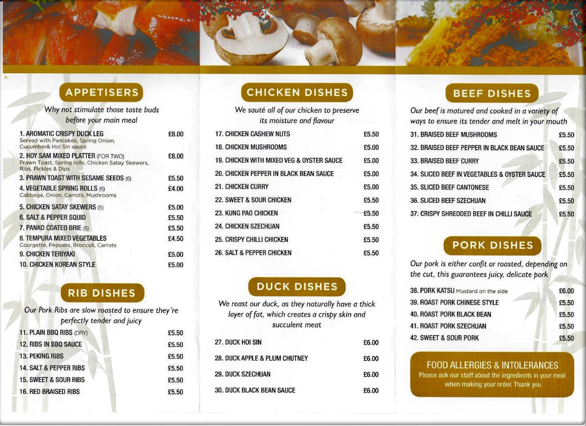 Menu at Hoy Sam restaurant, Chesterfield