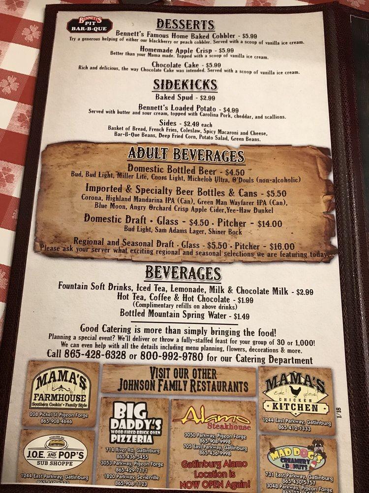 Menu At Bennett's Pit Bar-B-Que, Gatlinburg