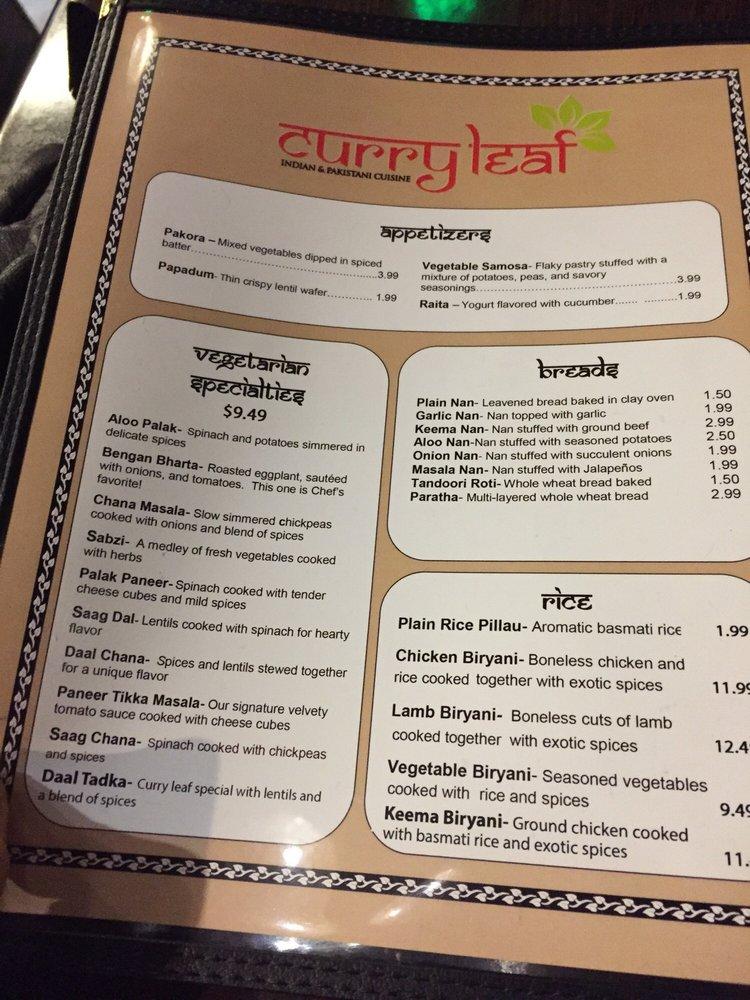 Menu at Curry Leaf restaurant, San Francisco