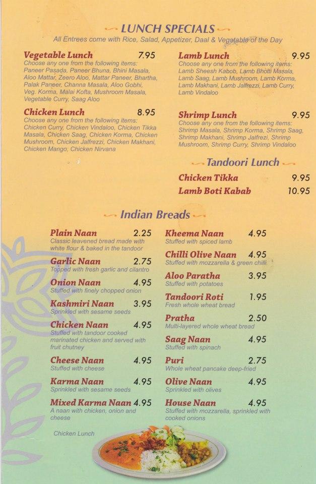 Menu at Karma Indian Cuisine and Lounge restaurant, Puyallup