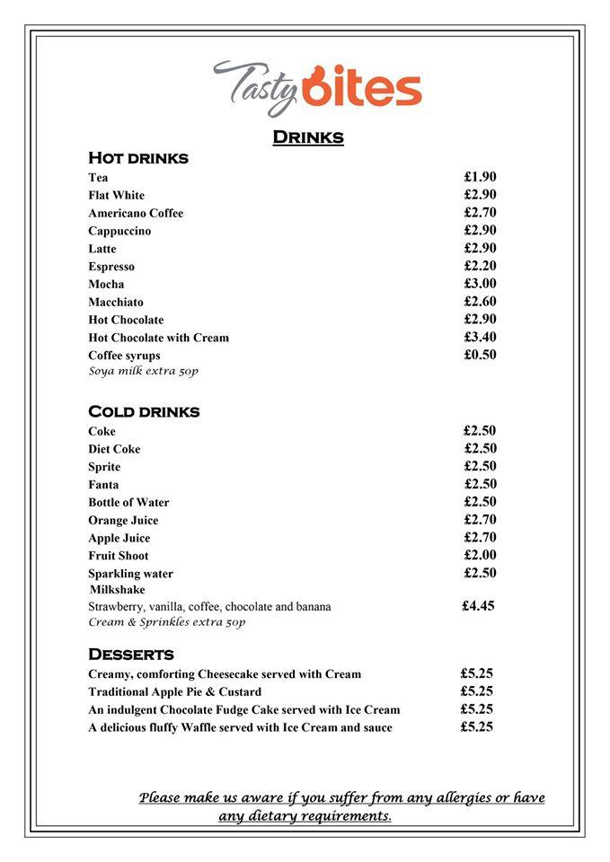 Menu at Tasty Bites cafe, South Benfleet