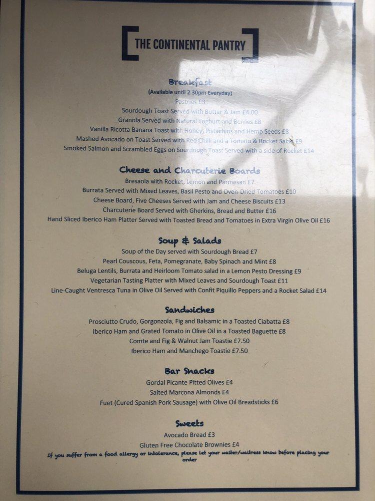 Menu at The Continental Pantry cafe, London