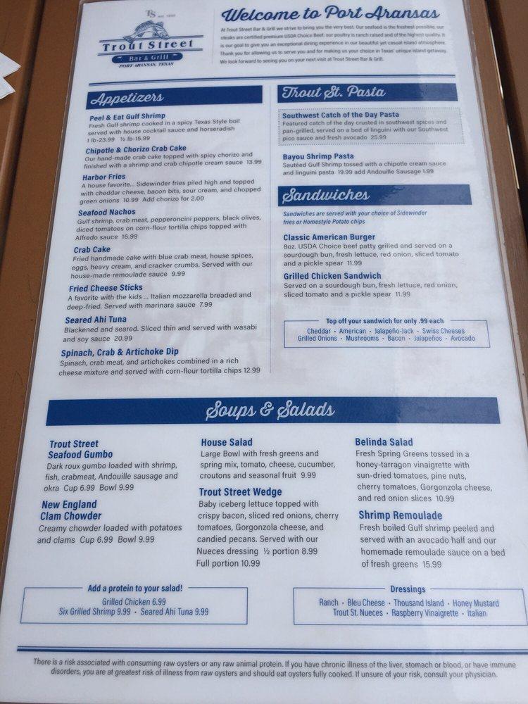 Menu at Trout Street Bar & Grill, Port Aransas