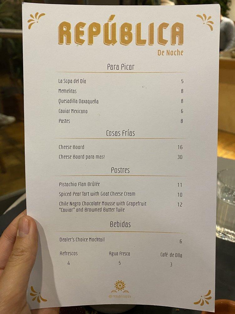 Menu at República restaurant, Portland