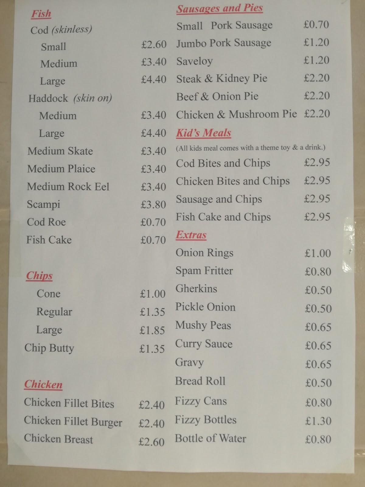 Menu at Crystal Fish Bar, Great Yarmouth