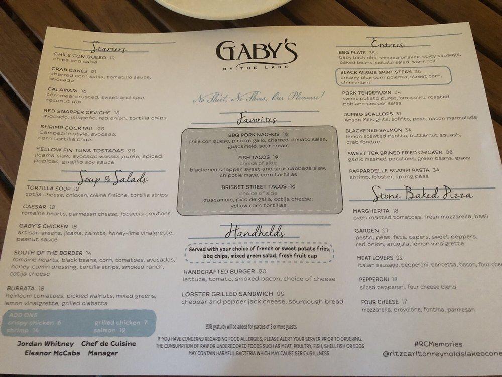 Menu at Gaby's by the Lake pub & bar, USA