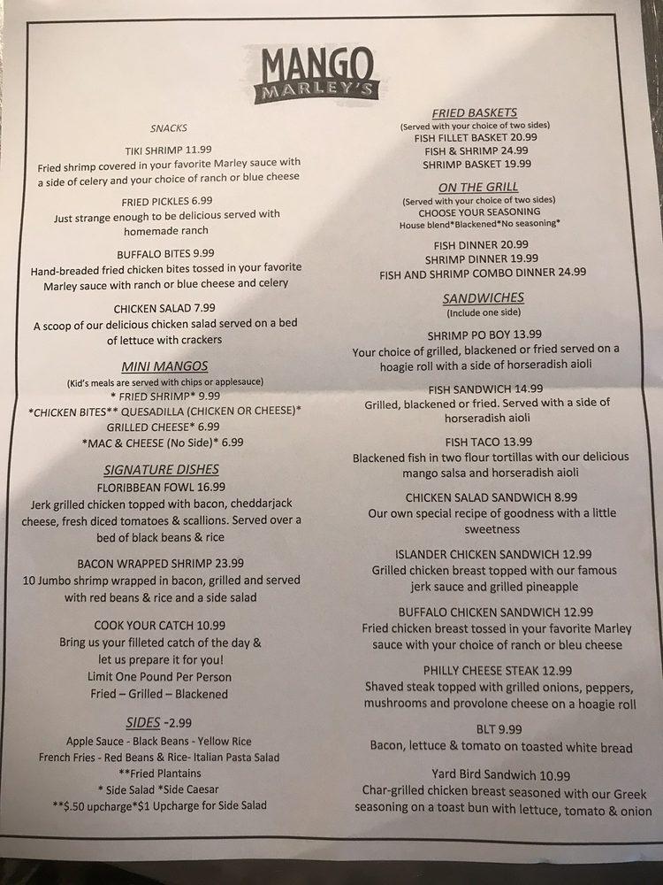 Menu at Mango Marley's pub & bar, Mexico Beach