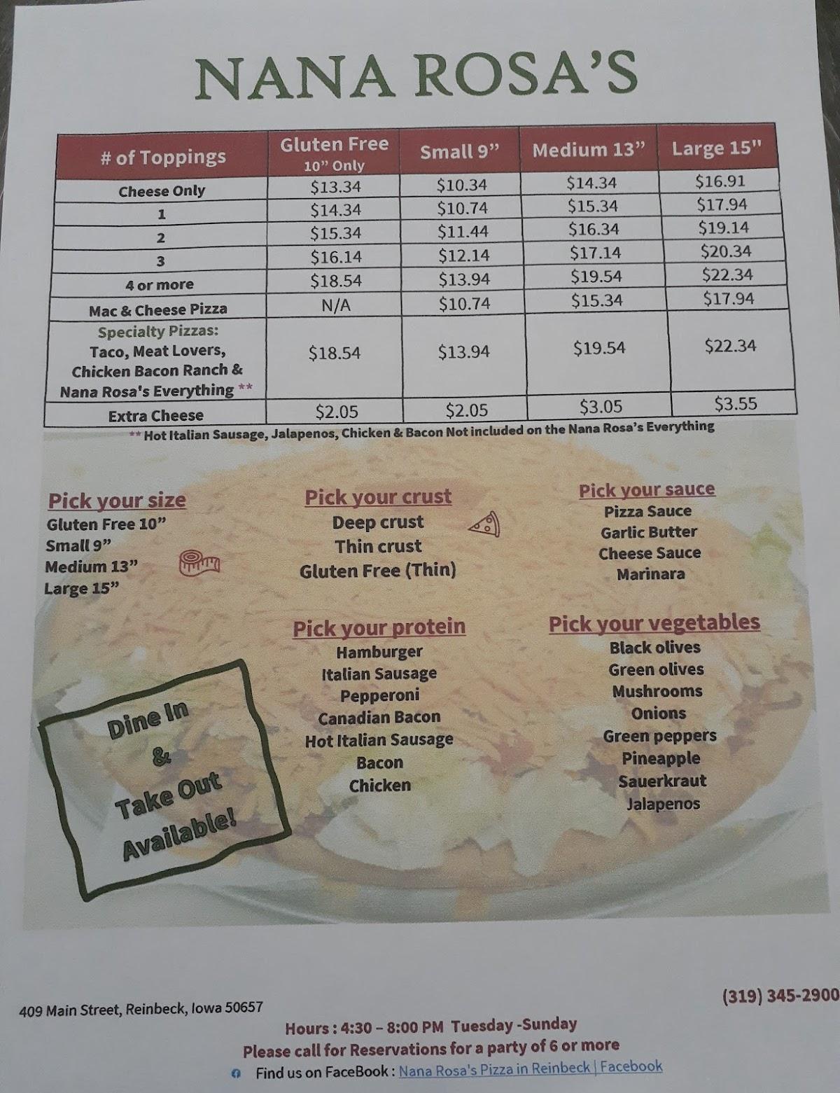 Menu at Nana Rosa's Pizza restaurant, Reinbeck