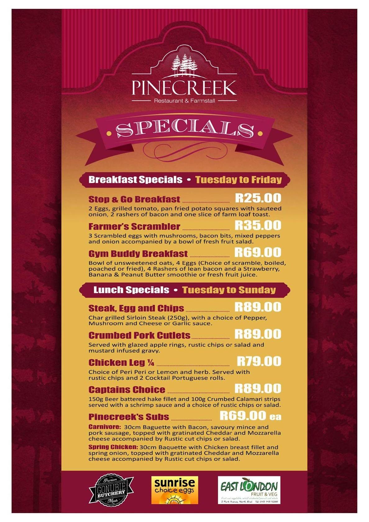 Menu at Pinecreek Restaurant & Farmstall, East London, B Road