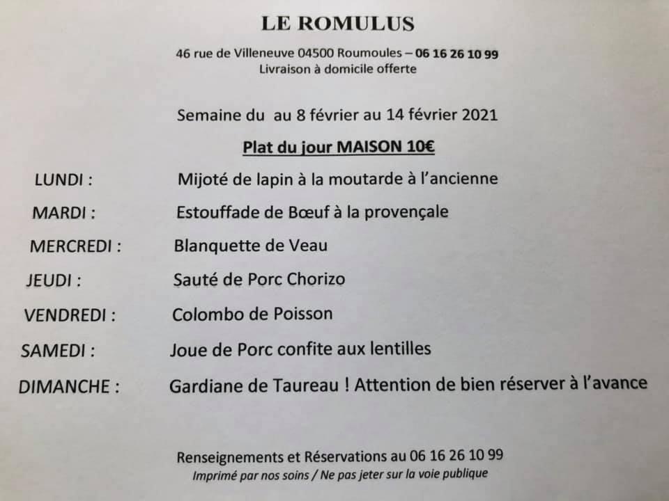Menu de Le Romulus