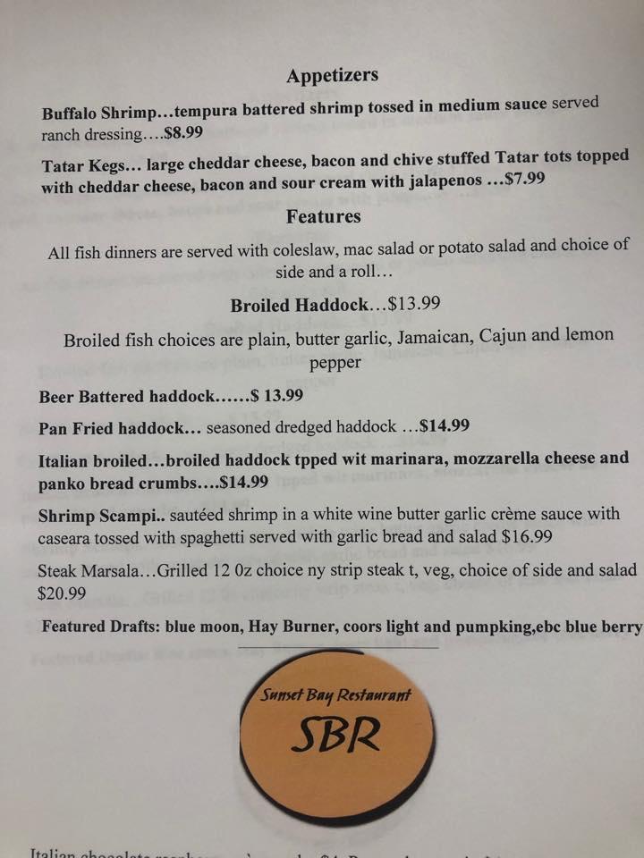 Menu at Sunset Bay Restaurant, Irving, 954 Main Rd