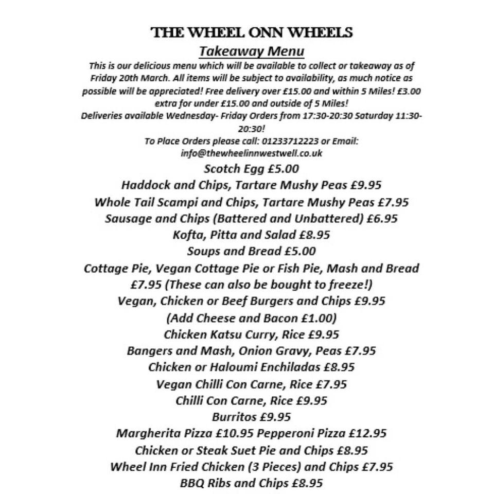 Menu at Wheel Inn pub & bar, Ashford, Westwell Lane