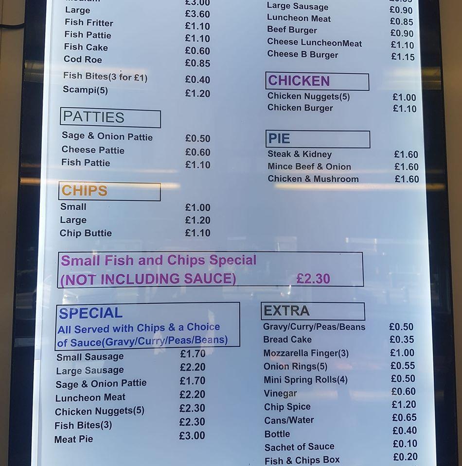 Menu at Jolly Fisheries restaurant, Hull