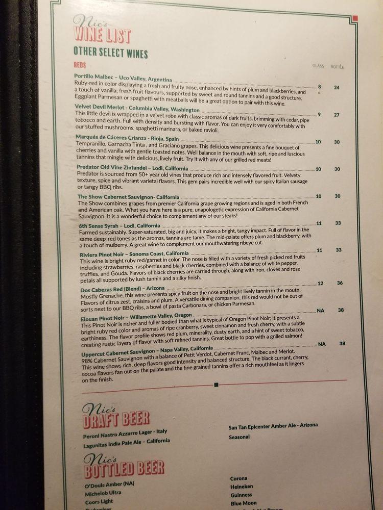 Menu at Nic's Italian Steak & Crab House restaurant, Cottonwood