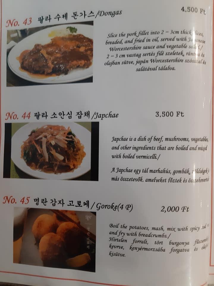 Menu at Bibimbap Korean Restaurant, Budapest