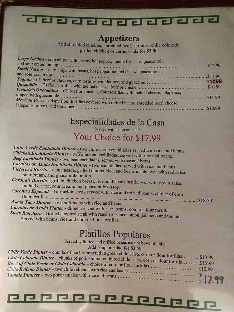 Menu at Coronas Mexican Restaurant, Arroyo Grande