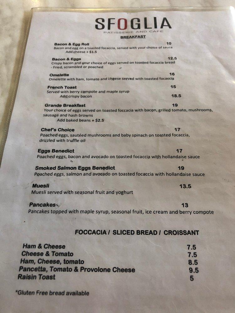 Menu at Sfoglia Patisserie & Cafe, Dickson