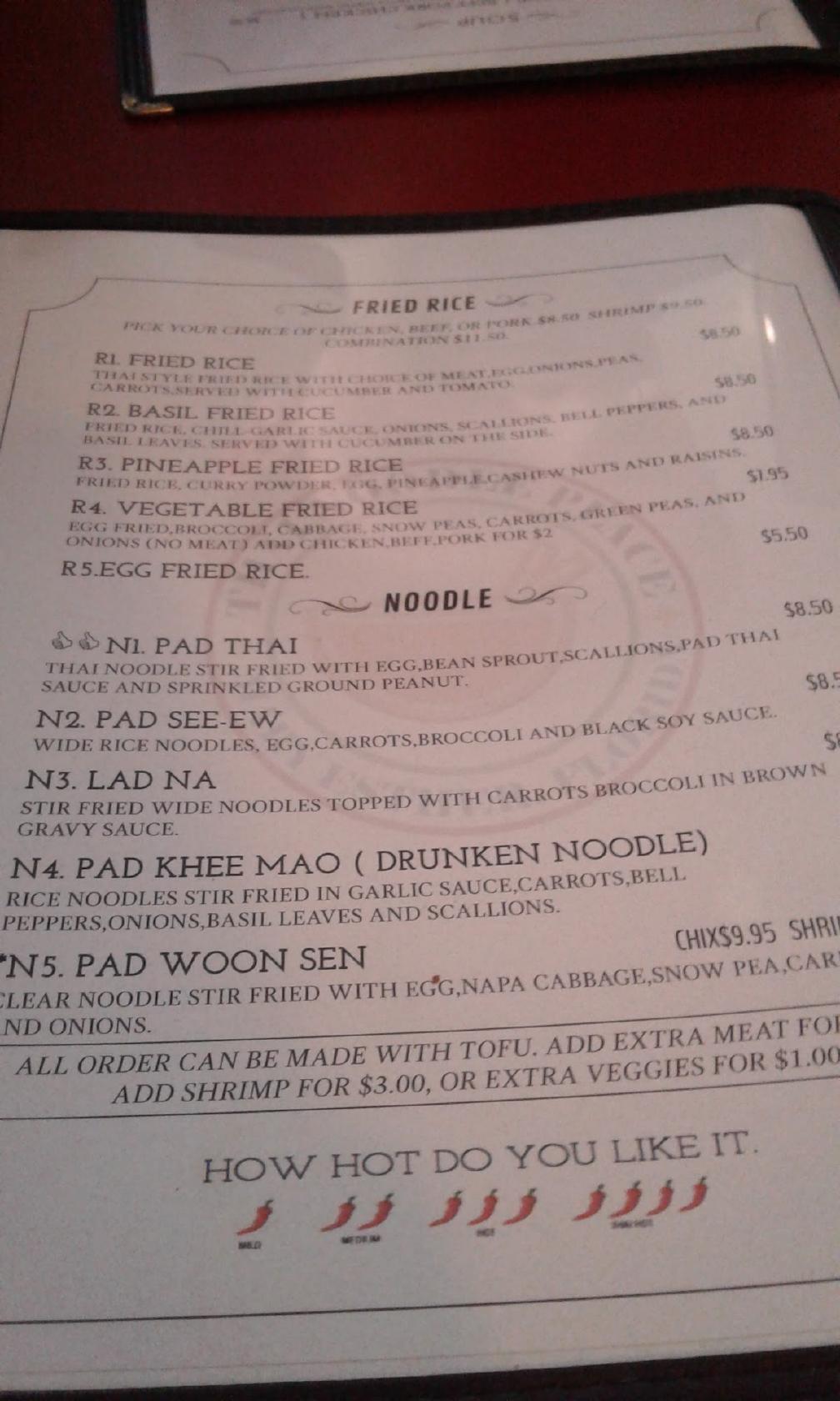 Menu at Thai Noodle Place restaurant, Fort Walton Beach