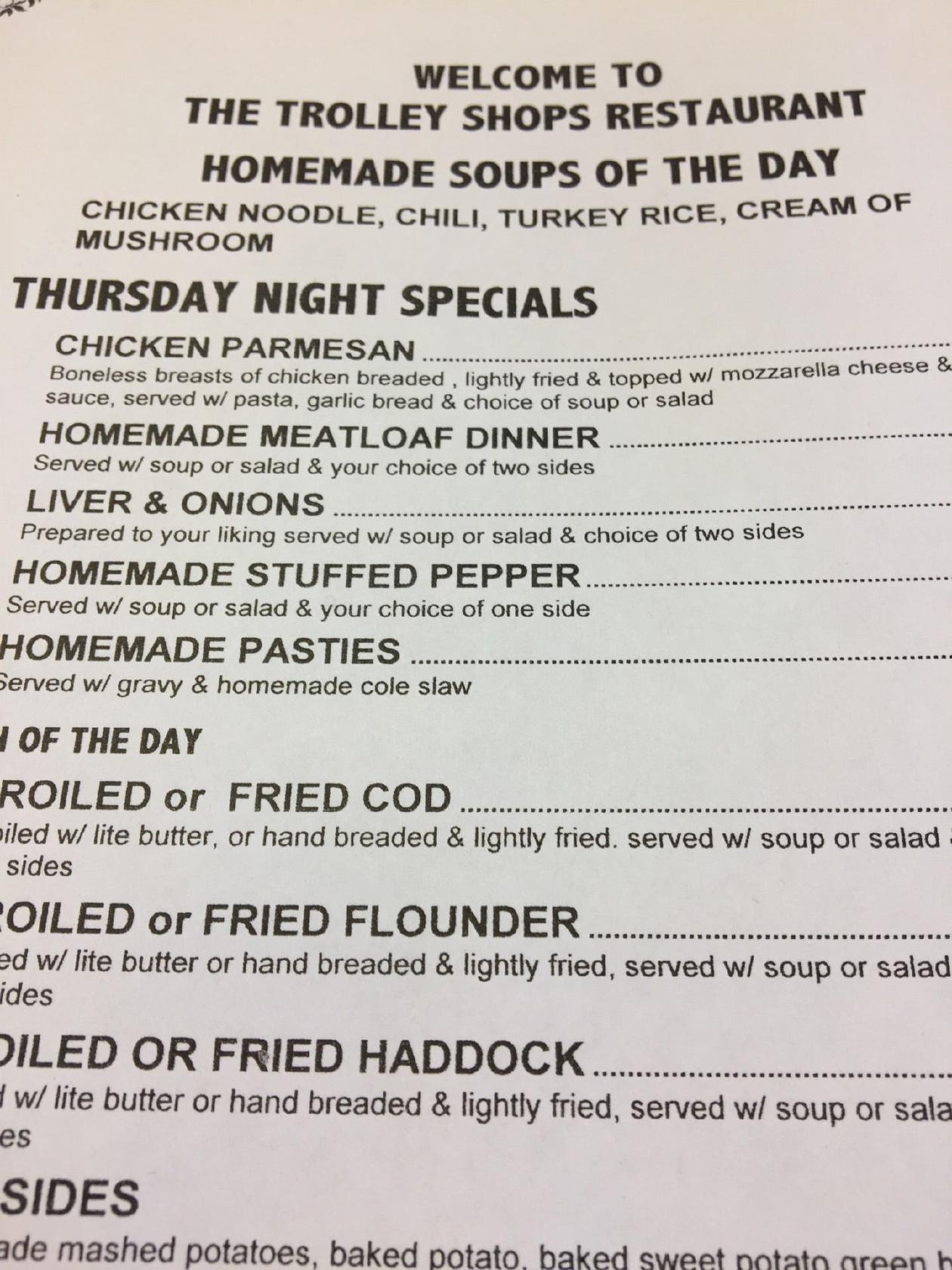 Menu at Trolley Shops Restaurant, Bangor