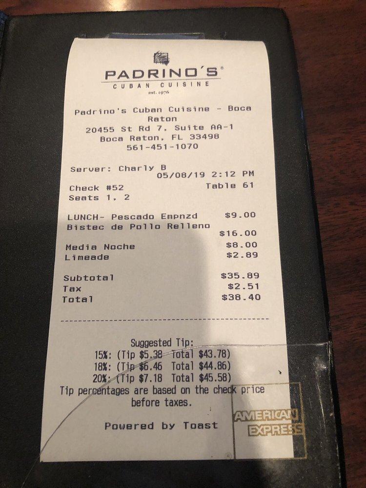 Menu at Padrino’s Cuban Restaurant, Boca Raton