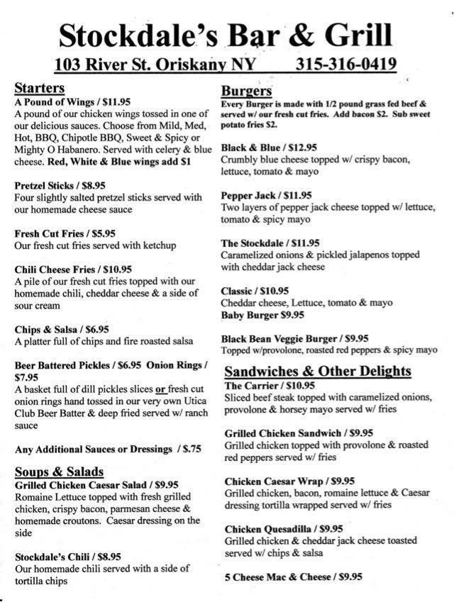 Menu at Stockdale's Bar and Grill, Oriskany