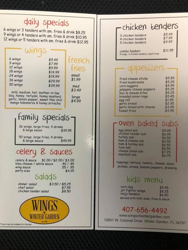 Menu at Wings of Winter Garden restaurant, Winter Garden