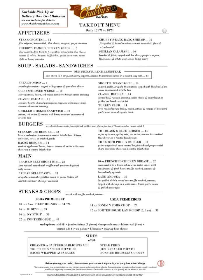 Menu at Chubby's Steakhouse, Gloucester City