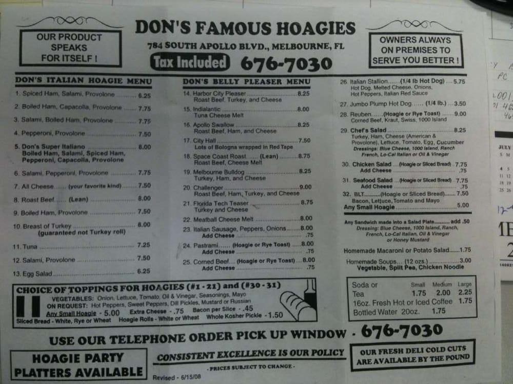 Menu At Don S Famous Hoagies Restaurant Melbourne