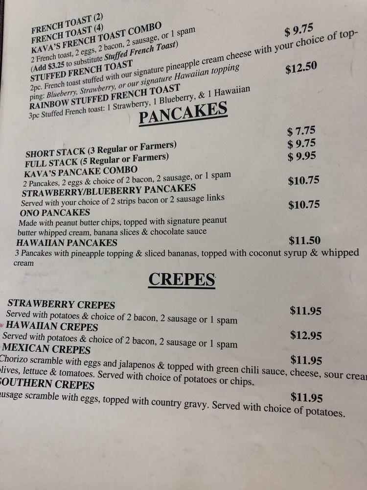 Menu at Kava's Pancake House restaurant, Anchorage, 100 Muldoon Rd