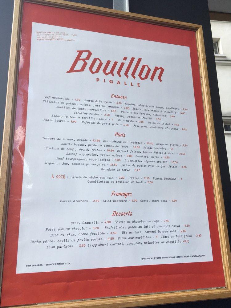 Menu at Bouillon Pigalle restaurant, Paris