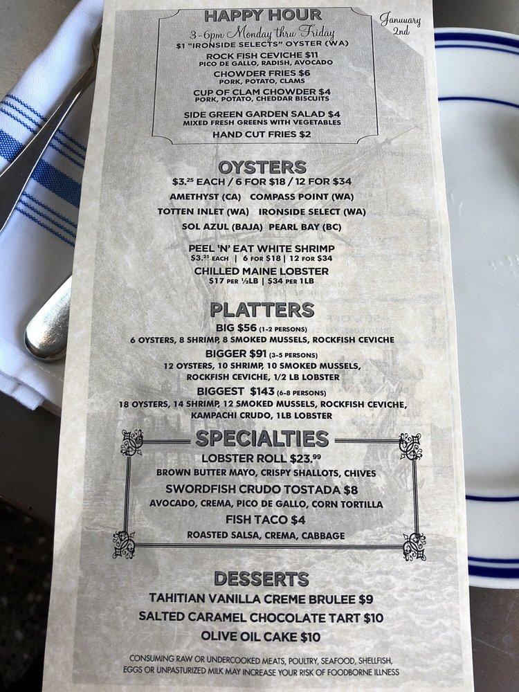 Menu at Ironside Fish & Oyster restaurant, San Diego, India St