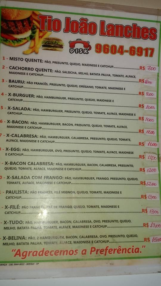 Tio João Lanches cardápio