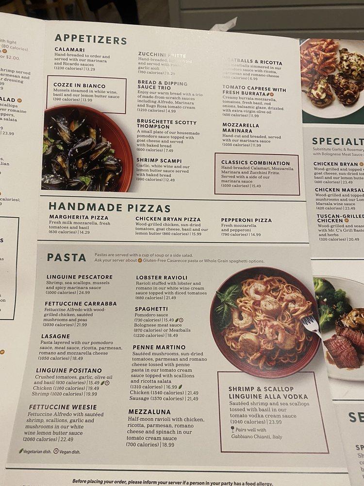 Menu at Carrabba's Italian Grill restaurant, Colorado Springs, Campus Dr