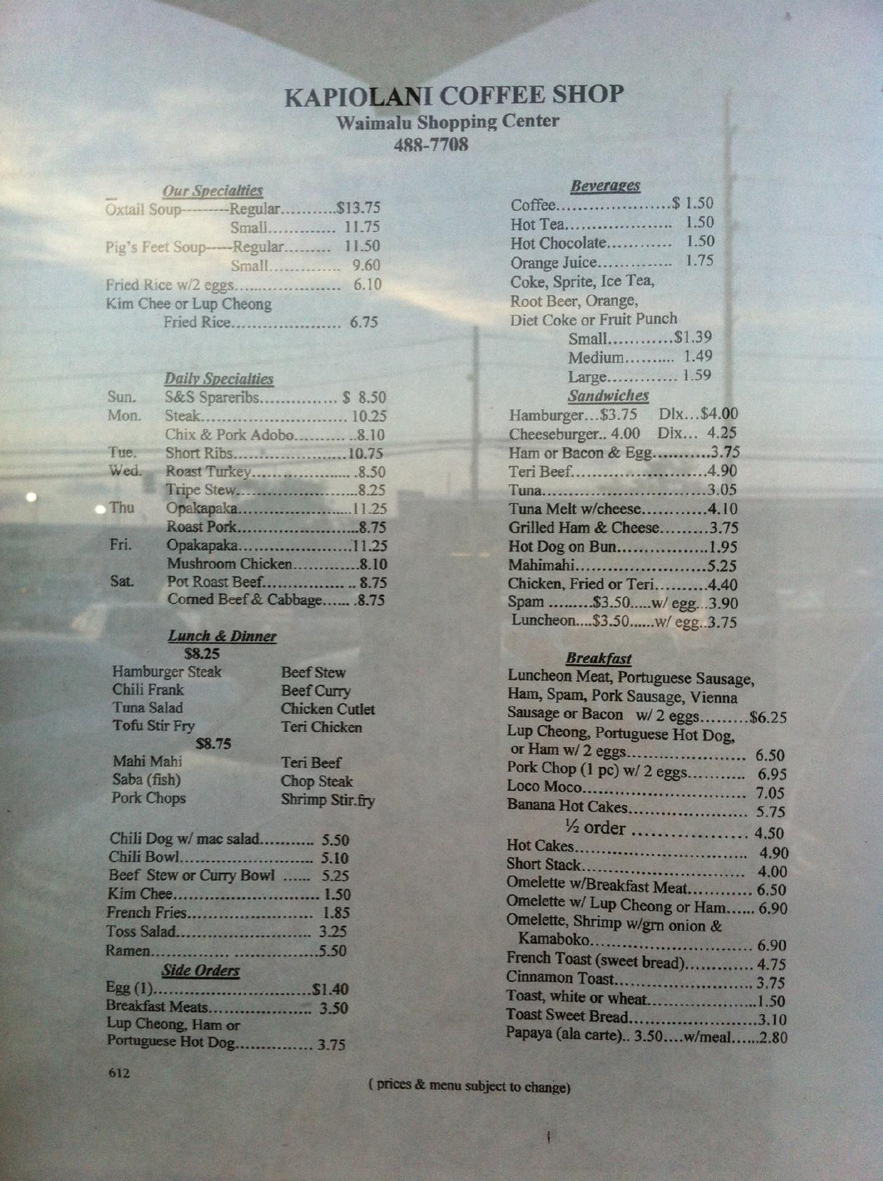 Menu at Kapiolani Coffee ShopWaimalu restaurant, Aiea, 98020