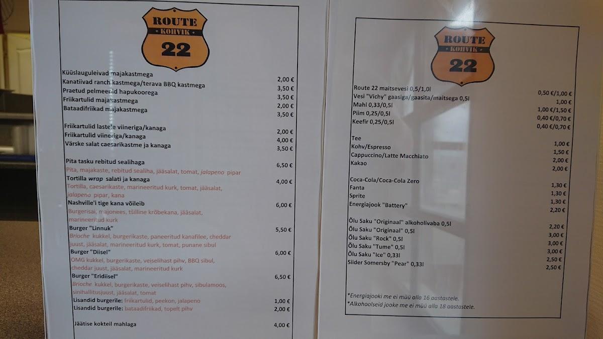 Menu at Route 22 restaurant, Ebavere